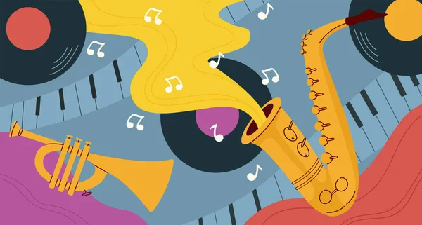 Концепция Джазовой Музыки Саксофон Золотая Флейта Виниловой Пластинке Красивая Музыка — стоковый вектор