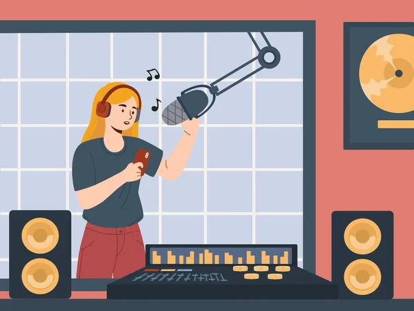 Vrouw Muziekstudio Concept Jong Meisje Zingt Microfoon Creativiteit Kunst Talentvolle — Stockvector