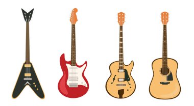 Gitar seti konsepti. Elektrikli ve akustik müzik teli enstrümanları. Sanat ve yaratıcılık, müzik. Şablon, yerleşim ve modelleme. Çizgi film düz vektör koleksiyonu beyaz arkaplanda izole edildi