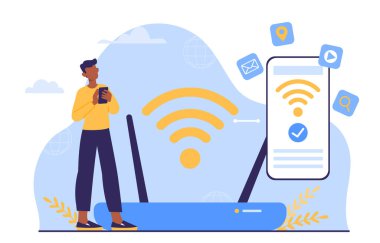 WiFi konseptine katılan adam. Router 'ın yanındaki genç adam. Kablosuz bağlantısı olan bir karakter. Modern teknolojiler ve yenilikler. Çevrimiçi uygulama ya da akıllı telefon. Çizgi film düz vektör çizimi