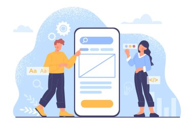 Mobil uygulama test konsepti. Kadın ve erkek akıllı telefon ekranının yanında. Uygulamaları, programları, yazılımları test edenler. Programcılar ve telefonda bilişim uzmanları. Çizgi film düz vektör çizimi