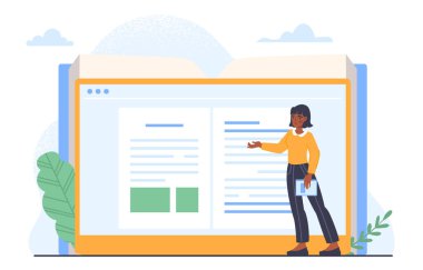 Online kütüphane konsepti olan kadın. Bilgi ve bilgi. Tabletin yanındaki genç kız. Elektronik kitap ve kütüphane. Edebiyat ve okuma. Poster ya da afiş. Çizgi film düz vektör çizimi