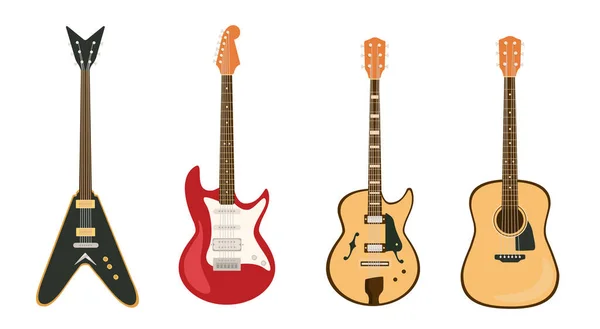 Conjunto Guitarras Concepto Instrumentos Eléctricos Acústicos Cuerda Musical Arte Creatividad — Vector de stock