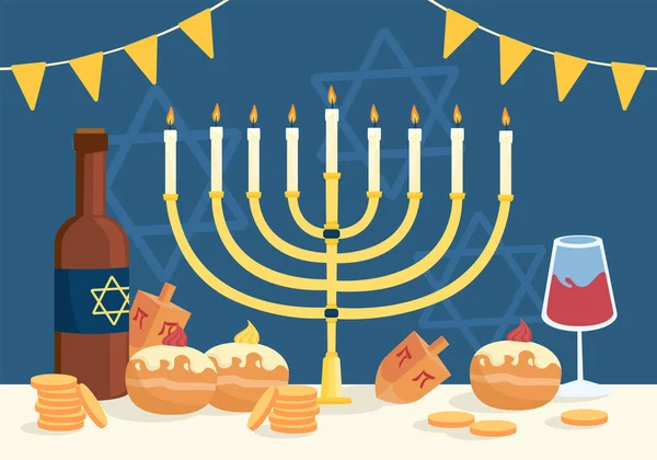 ハッピーハヌカフェのコンセプト ゴールデンキャンドルスティック ワインのグラスと蜂蜜とパン 伝統的なユダヤ人の休日 Webサイトのポスターまたはバナー 漫画フラットベクターイラスト — ストックベクタ