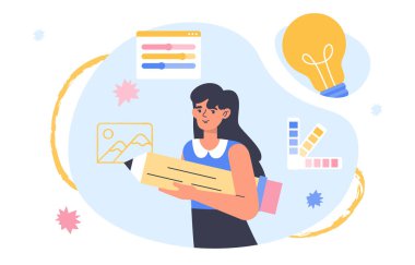 Sanat okulu eğitimi konsepti. Büyük kalemli ve paletli kadın geometrik şekillerin renklerini seçer. Sanatçı ve grafik tasarımcısı. Eğitim ve öğrenme. Çizgi film düz vektör çizimi