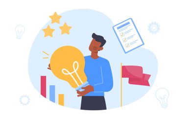 Büyük fikirleri olan bir adam. Grafiklerin, çizelgelerin ve diyagramların yanında ampulleri olan genç bir adam. Analizci istatistik, bilgi grafikleri ve veri görselleştirmesi üzerinde çalışıyor. Çizgi film düz vektör çizimi