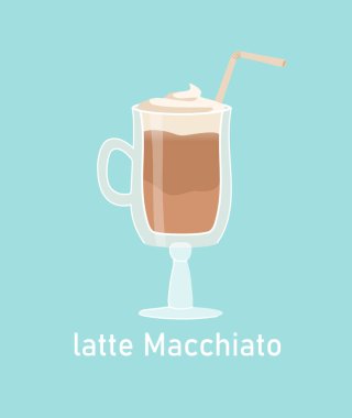 Latte Machiato çıkartması konsepti. Çay ya da kahve. Geleneksel İtalyan içeceği ve mutfağı. Aroma ve içecek. Web sitesi için grafik ögesi. Çizgi film düz vektör çizimi mavi arkaplanda izole edildi