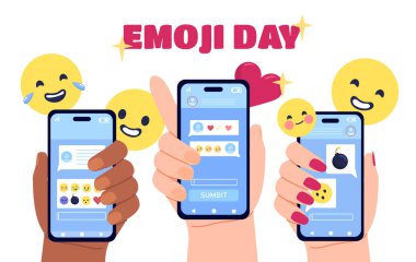 Emoji günü konsepti olan insanlar. Sohbet ve diyaloglarla akıllı telefonları tutan eller. Sosyal ağlarda iletişim ve anlık haberciler. Tatil ve festival. Çizgi film düz vektör çizimi