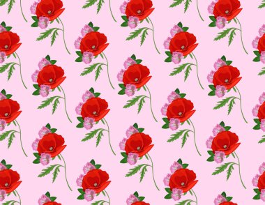 Çiçeksiz desen kavramı. Kumaş üzerine baskı yapmak için tasarım ögesi tekrarlanıyor. Yapraklı kırmızı güller. Moda ve moda. Estetik ve zarafet. Çizgi film düz vektör çizimi