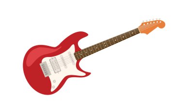 Elektro kırmızı gitar konsepti. Müzik teli enstrümanı. Rock and roll, caz ve blues. Şablon, yerleşim ve modelleme. Çizgi film düz vektör çizimi beyaz arkaplanda izole edildi