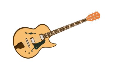 Akustik gitar konsepti. Müzik teli enstrümanı. Caz ve blues, ses. Sosyal ağlar ve kuryeler için etiket. Çizgi film düz vektör çizimi beyaz arkaplanda izole edildi