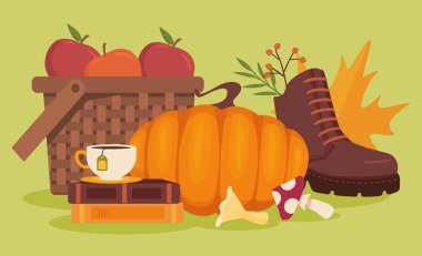 Ekim nesneleri seti kavramı. Sonbahar ve sonbahar sezonu. Balkabağı, çayla fincan, elmayla elma ve yaprakla bot. Hasat ve toplama. Çizgi film düz vektör koleksiyonu yeşil arkaplanda izole edildi