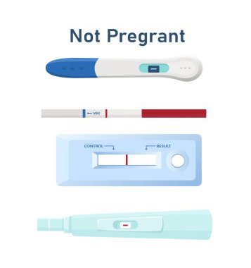Negatif sonuç konseptiyle hamilelik testi. Doğurganlık ve hamilelik. Sağlık hizmetleri için tıbbi ekipman. Poster ya da afiş. Çizgi film düz vektör çizimi beyaz arkaplanda izole edildi