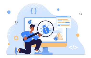 Yazılım testi konsepti. Programın ya da uygulamanın yanında büyüteç takan adam. Genç adam hataları düzeltir, kodlardaki hataları düzeltir. Virüslere ve hackerlara karşı koruma. Çizgi film düz vektör çizimi