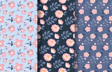 Bahar desenleri seti. Kumaş üzerine baskı yapmak için tasarım ögesi tekrarlanıyor. Estetik ve zarafet, moda, moda ve tarz. Çiçek ve çiçek açan bitkiler. Çizgi film düz vektör koleksiyonu