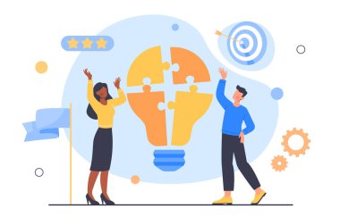 Takım çalışması kavramı olan insanlar. Erkek ve kadın ampulün parçalarının yanında. İşbirliği ve işbirliği, ortaklık. Ortak proje üzerinde çalışan meslektaşlar. Çizgi film düz vektör çizimi