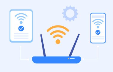 Kablosuz teknoloji konsepti. Akıllı telefonları olan bir yönlendirici. Bağlantı ve eşzamanlama. İnternet teknolojisi ve yenilikler. Çizgi film düz vektör çizimi gri arkaplanda izole edildi