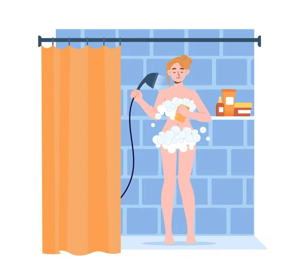 Banyo Konsepti Olan Kadın Köpüklü Genç Kız Süngerli Sabun Köpüğü — Stok Vektör