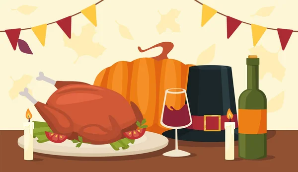 Set Thanksgiving Day Concept Turkey Vegetables Pumpkin Bottle Wine Glasses — Stock Vector