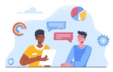 Danışmanlık konsepti olan bir adam. Genç adam analistle iletişim kuruyor. Yardımcıları olan bir iş adamı. İstatistikler, bilgi grafikleri, grafikler ve diyagramlar üzerinde çalışıyoruz. Çizgi film düz vektör çizimi