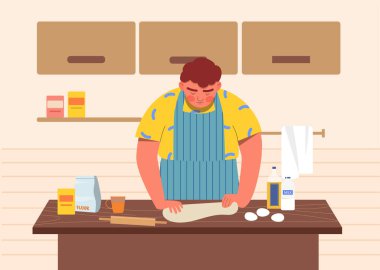 Adam mutfak vektörü konseptinde yemek pişiriyor. Parası ve yumurtası olan genç bir adam. Ev yapımı yemek ve yüksek lisans dersi. Rutin ve ev işleri. Çizgi film düz vektör çizimi