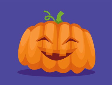 Cadılar Bayramı balkabağı konseptin kutlu olsun. Hayal gücü ve hayal gücü. İblis ve şeytan, ürpertici bir karakter. Web sitesi afişi ya da afişi. Çizgi film düz vektör çizimi mavi arkaplanda izole edildi