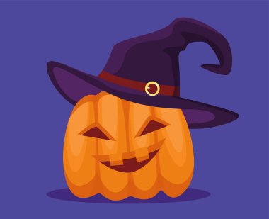 Cadılar Bayramı balkabağı konseptin kutlu olsun. Rüya ve fantezi, peri masalı. Şapkalı ürpertici Jack O Ltern. Web sitesi afişi ya da afişi. Çizgi film düz vektör çizimi mavi arkaplanda izole edildi