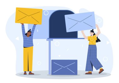 Posta kutusu konseptine yakın insanlar. Mesajları ve zarfları olan kadınlar. Uzaktan uluslararası iletişim ve etkileşim. İş yazışmaları ve postalar. Çizgi film düz vektör çizimi