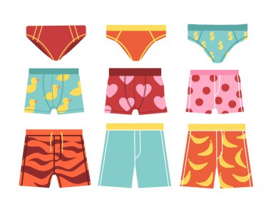 Set of man trunks concept. Beachwear for holidays in tropical and exotic countries, swimming pool. Vacation and travel. Cartoon flat vector collection isolated on white background clipart