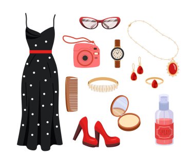 Kadın aksesuar seti konsepti. Ayakkabı ve gözlük yanında siyah elbise. Kamera, saat ve mücevher. Elmaslı küpe ve bilezik. Çizgi film düz vektör koleksiyonu beyaz arkaplanda izole edildi