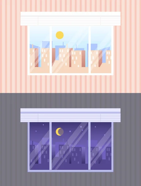 昼と夜の都市コンセプト 高層ビルの街並みを眺める窓 現代の都市建築とインフラ 日と夜の光で壁 漫画フラットベクターイラスト — ストックベクタ