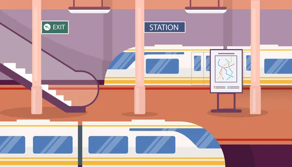地下鉄駅コンセプト 列車と階段について 旅と旅 旅について 都市インフラ 人と市民のための迅速な輸送 ポスターやバナー 漫画フラットベクターイラスト — ストックベクタ
