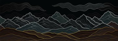 Lüks dağ manzarası sanat tarzında. Gümüş taşlı, altın tepeli ve bulutlu posterler. Duvar kağıdı ya da ev dekorasyonu için tasarım elemanı. Çizgi film düz vektör çizimi koyu arkaplan