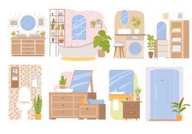 İskandinav tarzında iç mekan seti. Banyo, banyo, duş, lavabo, dolap, çamaşır makinesi ve organik dekor. Çizgi film düz vektör koleksiyonu beyaz arkaplanda izole edildi