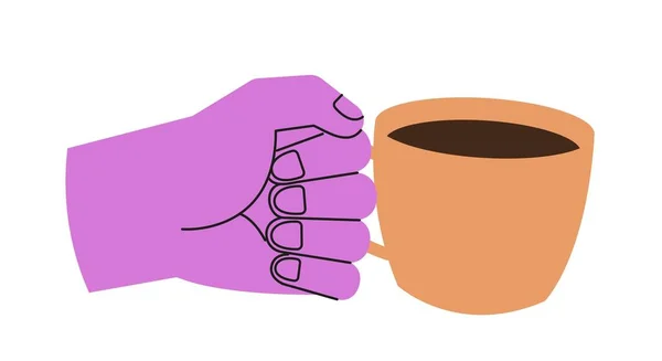 カラフルな手持ちのもの ホットおいしい飲み物のカップを保持する紫色のヤシのステッカー 朝のコーヒーか紅茶か ポスターのためのデザイン要素 白い背景に隔離された漫画の平らなベクターのイラスト — ストックベクタ