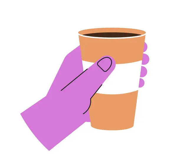 カラフルな手持ちのもの ホットコーヒーまたは紅茶の段ボールカップを保持する紫色のパームが付いているステッカー 朝食には美味しい甘い飲み物 白い背景に隔離された漫画の平らなベクターのイラスト — ストックベクタ