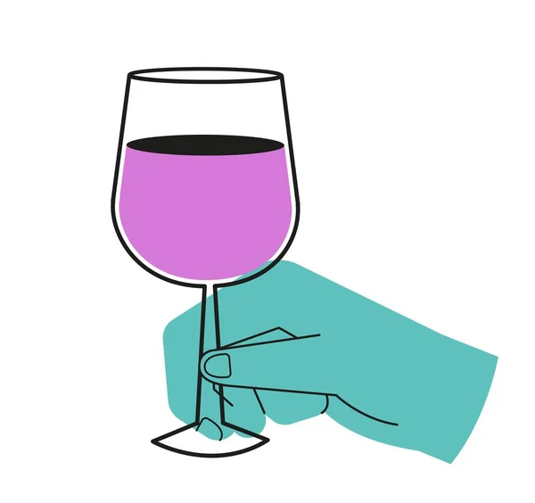 カラフルな手持ちのもの ワインやシャンパンのグラスを保持するパーム付きステッカー おいしいアルコール飲料 ポスターのためのデザイン要素 白い背景に隔離された漫画の平らなベクターのイラスト — ストックベクタ