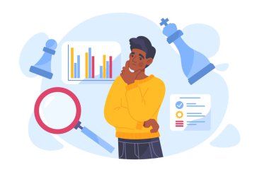 İş stratejisi kavramı olan bir adam. Loupe ve satranç taşları olan genç bir adam. Planlama ve hedef belirleme. Etkili iş akışının yönetimi ve organizasyonu. Çizgi film düz vektör çizimi