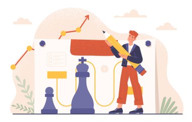 İş stratejisi kavramı olan bir adam. Satranç taşlarının yanında kurşun kalemli genç adam. Planlama ve hedef belirleme, gelecek vizyonu. Başarılı ve çalışkan bir girişimci. Çizgi film düz vektör çizimi