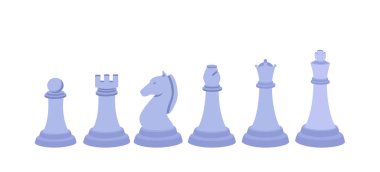 Beyaz satranç taşları. Mantık ve planlama için entelektüel bir oyun. İş projesi ve strateji metaforu. Piyon, papaz ve at. Çizgi film düz vektör koleksiyonu beyaz arkaplanda izole edildi