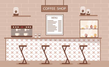 Kahve dükkanı konsepti. Bar ya da kafe 'nin modern iç mimarisi. Cappucino ve espresso ile menü. Aroma ve içecek, sıcak içecek listesi. Poster ya da afiş. Çizgi film düz vektör çizimi