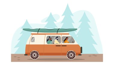 Arkadaşlar kamp konseptiyle seyahat eder. Erkek ve kadın sürücü araçları. Aktif yaşam tarzı, turizm ve macera. Tatiller, tatiller, kamp ve yürüyüş. Çizgi film düz vektör çizimi