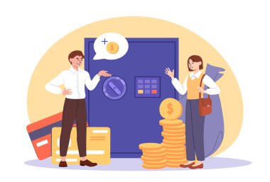 Banka konsepti olan insanlar. Kadın ve erkek altın paraların yanında ve güvende. Finansal meslek ve hizmet. Para koruması için kiralık kasanın yanındaki genç adam ve kız. Çizgi film düz vektör çizimi