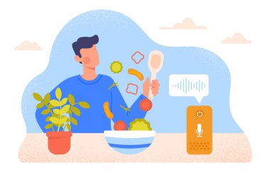 Akıllı konuşmacı konsepti olan adam. Elinde bir kase sebze ve salata olan genç adam. Modern teknolopji, cihaz ve cihaz. Kablosuz bağlantı, bluetooth ve wifi. Çizgi film düz vektör çizimi