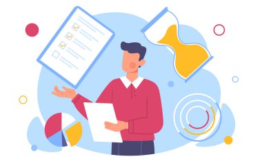 En iyi yönetim konsepti. Kum saati ve diyagramın arka planında not defteri olan bir adam. İstatistik ve bilgi grafikleri. Yetenekli ve başarılı bir iş adamı ve lider. Çizgi film düz vektör çizimi