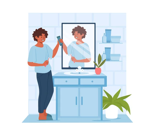 Boy Brush Teeth Concept Little Guy Teethpaste Teethbrush Mirror Reflection — Stock Vector