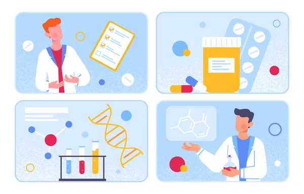 stock vector Set of doctors with pills concept. Men in medical uniform with drugs and medicines. Structure of molecule and flasks with reagents. Cartoon flat vector collection isolated on white background