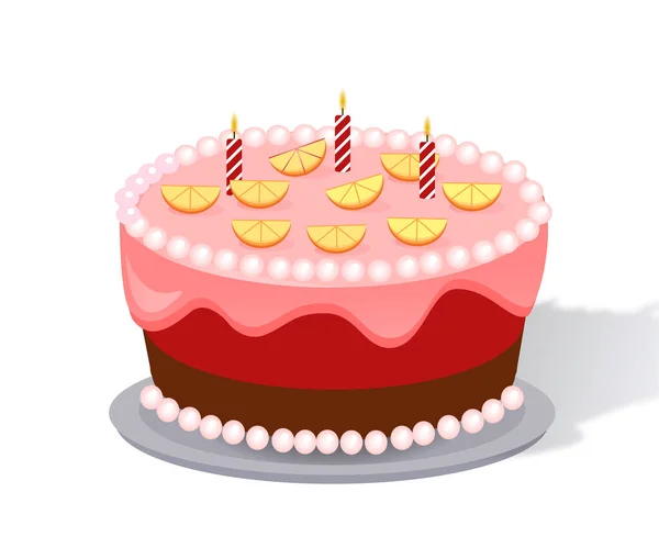 誕生日のコンセプトのケーキ 毎年恒例の休日やフェスティバルのためのデザートと繊細さ ろうそくが付いているキャンディー製品 ポスターやバナー カートゥーンは白い背景で隔離された幾何学的なベクターのイラスト — ストックベクタ