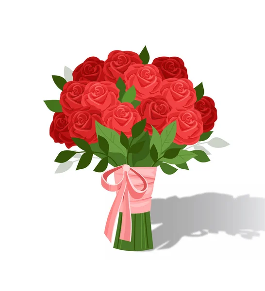 生日礼物的花束 红色的花 带粉红色的带子 社交网络和信使的贴纸 在白色背景上孤立的卡通等距矢量图解 — 图库矢量图片