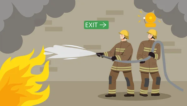 Les Travailleurs Avec Tuyau Éteignent Concept Feu Les Pompiers Uniforme — Image vectorielle